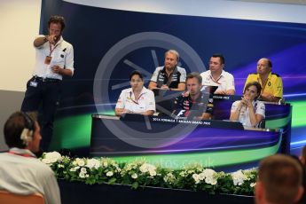 World © Octane Photographic Ltd. F1 Belgian GP FIA Personnel Press Conference, Spa-Francorchamps, Belgium. Friday 26th August 2016. Eric Boullier – McLaren Honda Racing Director, Robert Fernley- Sahara Force India Deputy Team Principal, Christian Horner - Red Bull Racing Team Principal, Monisha Kaltenborn – Sauber F1 Team Team Principal, Frederic Vasseur – Renault Sport F1 Team - Team Principal, Claire Williams – Williams Martini Racing Deputy Team Principal. Digital Ref : 1684LB2D3963