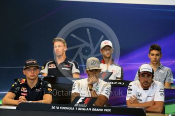 World © Octane Photographic Ltd. F1 Belgian GP FIA Drivers’ Press Conference, Spa-Francorchamps, Belgium. Thursday 25th August 2016. McLaren Honda - Fernando Alonso, Haas F1 Team – Romain Grosjean, Mercedes AMG Petronas – Lewis Hamilton, Scuderia Toro Rosso – Daniil Kvyat, Manor Racing – Esteban Ocon and Red Bull Racing – Max Verstappen. Digital Ref : 1678LB2D3319