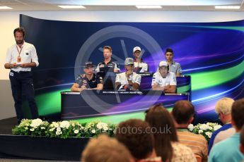 World © Octane Photographic Ltd. F1 Belgian GP FIA Drivers’ Press Conference, Spa-Francorchamps, Belgium. Thursday 25th August 2016. McLaren Honda - Fernando Alonso, Haas F1 Team – Romain Grosjean, Mercedes AMG Petronas – Lewis Hamilton, Scuderia Toro Rosso – Daniil Kvyat, Manor Racing – Esteban Ocon and Red Bull Racing – Max Verstappen. Digital Ref : 1678LB2D3323