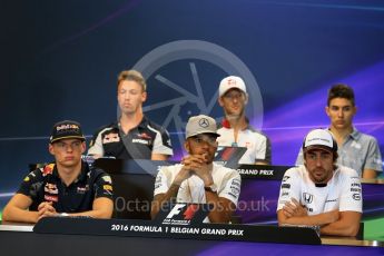 World © Octane Photographic Ltd. F1 Belgian GP FIA Drivers’ Press Conference, Spa-Francorchamps, Belgium. Thursday 25th August 2016. McLaren Honda - Fernando Alonso, Haas F1 Team – Romain Grosjean, Mercedes AMG Petronas – Lewis Hamilton, Scuderia Toro Rosso – Daniil Kvyat, Manor Racing – Esteban Ocon and Red Bull Racing – Max Verstappen. Digital Ref : 1678LB2D3327