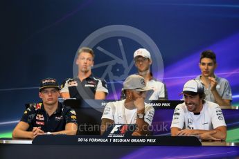 World © Octane Photographic Ltd. F1 Belgian GP FIA Drivers’ Press Conference, Spa-Francorchamps, Belgium. Thursday 25th August 2016. McLaren Honda - Fernando Alonso, Haas F1 Team – Romain Grosjean, Mercedes AMG Petronas – Lewis Hamilton, Scuderia Toro Rosso – Daniil Kvyat, Manor Racing – Esteban Ocon and Red Bull Racing – Max Verstappen. Digital Ref : 1678LB2D3334