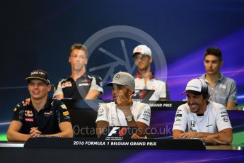 World © Octane Photographic Ltd. F1 Belgian GP FIA Drivers’ Press Conference, Spa-Francorchamps, Belgium. Thursday 25th August 2016. McLaren Honda - Fernando Alonso, Haas F1 Team – Romain Grosjean, Mercedes AMG Petronas – Lewis Hamilton, Scuderia Toro Rosso – Daniil Kvyat, Manor Racing – Esteban Ocon and Red Bull Racing – Max Verstappen. Digital Ref : 1678LB2D3338