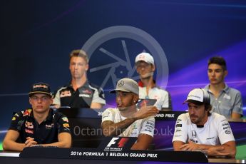 World © Octane Photographic Ltd. F1 Belgian GP FIA Drivers’ Press Conference, Spa-Francorchamps, Belgium. Thursday 25th August 2016. McLaren Honda - Fernando Alonso, Haas F1 Team – Romain Grosjean, Mercedes AMG Petronas – Lewis Hamilton, Scuderia Toro Rosso – Daniil Kvyat, Manor Racing – Esteban Ocon and Red Bull Racing – Max Verstappen. Digital Ref : 1678LB2D3346