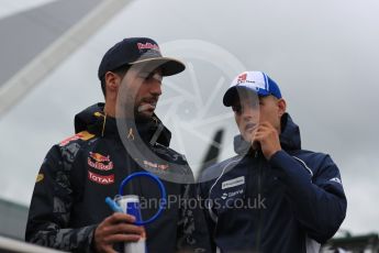 World © Octane Photographic Ltd. Red Bull Racing RB12 – Daniel Ricciardo and Sauber F1 Team C35 – Marcus Ericsson. Sunday 10th July 2016, F1 British GP Drivers Parade, Silverstone, UK. Digital Ref :