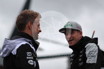 World © Octane Photographic Ltd. Sahara Force India VJM09 - Nico Hulkenberg and McLaren Honda MP4-31 – Jenson Button. Sunday 10th July 2016, F1 British GP Drivers Parade, Silverstone, UK. Digital Ref :