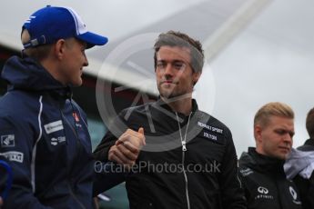 World © Octane Photographic Ltd. Sauber F1 Team C35 – Marcus Ericsson and Renault Sport F1 Team RS16 – Jolyon Palmer. Sunday 10th July 2016, F1 British GP Drivers Parade, Silverstone, UK. Digital Ref :