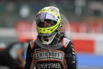 World © Octane Photographic Ltd. Sahara Force India VJM09 - Sergio Perez. Saturday 9th July 2016, F1 British GP Practice 3, Silverstone, UK. Digital Ref : 1625LB1D3564