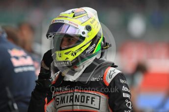 World © Octane Photographic Ltd. Sahara Force India VJM09 - Sergio Perez. Saturday 9th July 2016, F1 British GP Practice 3, Silverstone, UK. Digital Ref : 1625LB1D3573