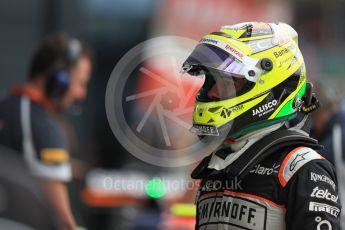 World © Octane Photographic Ltd. Sahara Force India VJM09 - Sergio Perez. Saturday 9th July 2016, F1 British GP Practice 3, Silverstone, UK. Digital Ref : 1625LB1D3581