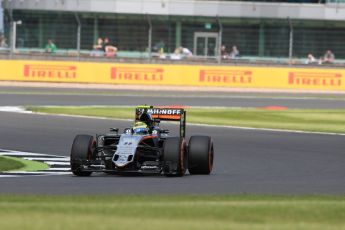 World © Octane Photographic Ltd. Sahara Force India VJM09 - Sergio Perez. Friday 8th July 2016, F1 British GP Practice 2, Silverstone, UK. Digital Ref : 1621LB1D2205