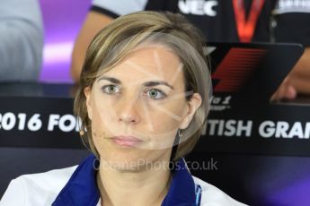 World © Octane Photographic Ltd. F1 British GP FIA Personnel Press Conference, Silverstone, UK. Friday 8th July 2016. Claire Williams - Williams Martini Racing Deputy Team Principal. Digital Ref : 1624LB1D2615