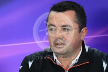 World © Octane Photographic Ltd. F1 British GP FIA Personnel Press Conference, Silverstone, UK. Friday 8th July 2016. Eric Boullier – McLaren Honda Racing Director. Digital Ref : 1624LB1D2685