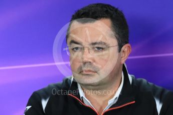 World © Octane Photographic Ltd. F1 British GP FIA Personnel Press Conference, Silverstone, UK. Friday 8th July 2016. Eric Boullier – McLaren Honda Racing Director. Digital Ref : 1624LB1D2707