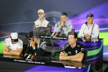 World © Octane Photographic Ltd. F1 British GP FIA Drivers’ Press Conference, Silverstone, UK. Thursday 7th July 2016. McLaren Honda – Jenson Button, Williams Martini Racing – Valtteri Bottas, Haas F1 Team – Romain Grosjean, Mercedes AMG Petronas – Lewis Hamilton, Renault Sport F1 Team – Jolyon Palmer and Manor Racing - Pascal Wehrlein. Digital Ref : 1617LB5D5330