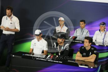 World © Octane Photographic Ltd. F1 British GP FIA Drivers’ Press Conference, Silverstone, UK. Thursday 7th July 2016. McLaren Honda – Jenson Button, Williams Martini Racing – Valtteri Bottas, Haas F1 Team – Romain Grosjean, Mercedes AMG Petronas – Lewis Hamilton, Renault Sport F1 Team – Jolyon Palmer and Manor Racing - Pascal Wehrlein. Digital Ref : 1617LB5D5337