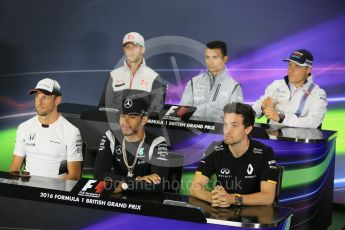 World © Octane Photographic Ltd. F1 British GP FIA Drivers’ Press Conference, Silverstone, UK. Thursday 7th July 2016. McLaren Honda – Jenson Button, Williams Martini Racing – Valtteri Bottas, Haas F1 Team – Romain Grosjean, Mercedes AMG Petronas – Lewis Hamilton, Renault Sport F1 Team – Jolyon Palmer and Manor Racing - Pascal Wehrlein. Digital Ref : 1617LB5D5350