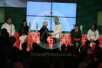 World © Octane Photographic Ltd. F1 Canadian GP – Scott Quinnell, Stephanie Sigman, Bernie Ecclestone, Gianluca Di Tondo, Sir Jackie Stewart and Carles Puyol at the conference to announce F1 partnership with Heineken, Circuit Gilles Villeneuve, Montreal, Canada. Friday 10th June 2016. Digital Ref :1583LB1D9433