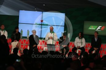 World © Octane Photographic Ltd. F1 Canadian GP – Scott Quinnell, Stephanie Sigman, Bernie Ecclestone, Gianluca Di Tondo, Sir Jackie Stewart, Carles Puyol and David Coulthard at the conference to announce F1 partnership with Heineken, Circuit Gilles Villeneuve, Montreal, Canada. Friday 10th June 2016. Digital Ref :1583LB1D9444