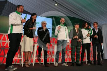 World © Octane Photographic Ltd. F1 Canadian GP – Scott Quinnell, Stephanie Sigman, Bernie Ecclestone, Gianluca Di Tondo, Sir Jackie Stewart, Carles Puyol and David Coulthard at the conference to announce F1 partnership with Heineken, Circuit Gilles Villeneuve, Montreal, Canada. Friday 10th June 2016. Digital Ref :1583LB5D8945