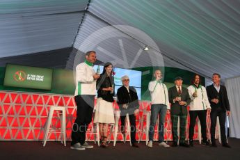 World © Octane Photographic Ltd. F1 Canadian GP – Scott Quinnell, Stephanie Sigman, Bernie Ecclestone, Gianluca Di Tondo, Sir Jackie Stewart, Carles Puyol and David Coulthard at the conference to announce F1 partnership with Heineken, Circuit Gilles Villeneuve, Montreal, Canada. Friday 10th June 2016. Digital Ref :1583LB5D8948