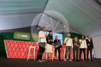 World © Octane Photographic Ltd. F1 Canadian GP – Scott Quinnell, Stephanie Sigman, Bernie Ecclestone, Gianluca Di Tondo, Sir Jackie Stewart, Carles Puyol and David Coulthard at the conference to announce F1 partnership with Heineken, Circuit Gilles Villeneuve, Montreal, Canada. Friday 10th June 2016. Digital Ref :1583LB5D8953