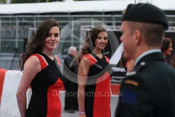 World © Octane Photographic Ltd. Grid Girls. Sunday 12th June 2016, F1 Canadian GP Drivers’ parade, Circuit Gilles Villeneuve, Montreal, Canada. Digital Ref :1591LB1D2922