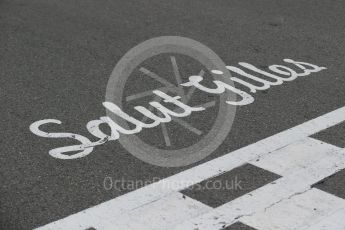 World © Octane Photographic Ltd. Start/Finish line with the famous Salut Gilles script. Sunday 12th June 2016, F1 Canadian GP Drivers’ parade, Circuit Gilles Villeneuve, Montreal, Canada. Digital Ref :1591LB1D3213