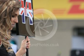 World © Octane Photographic Ltd. The grid girl of Mercedes AMG Petronas – Lewis Hamilton with his grid board. Sunday 12th June 2016, F1 Canadian GP Grid, Circuit Gilles Villeneuve, Montreal, Canada. Digital Ref :1591LB1D3263