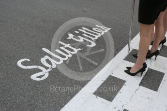 World © Octane Photographic Ltd. Grid Girls on the Start/Finish line with the famous Salut Gilles script. Sunday 12th June 2016, F1 Canadian GP Drivers’ parade, Circuit Gilles Villeneuve, Montreal, Canada. Digital Ref :1591LB5D2168