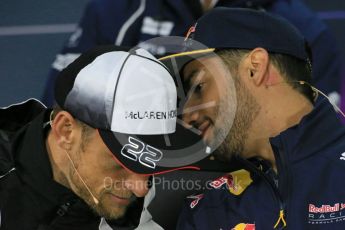 World © Octane Photographic Ltd. F1 Canadian GP FIA Drivers’ Press Conference, Circuit Gilles Villeneuve, Montreal, Canada. Thursday 9th June 2016. McLaren Honda – Jenson Button and Red Bull Racing – Daniel Ricciardo. Digital Ref :1582LB1D8762