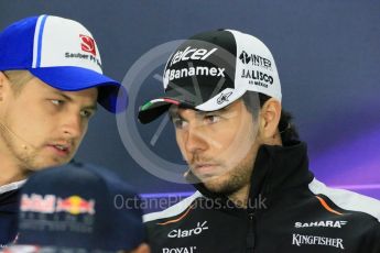 World © Octane Photographic Ltd. F1 Canadian GP FIA Drivers’ Press Conference, Circuit Gilles Villeneuve, Montreal, Canada. Thursday 9th June 2016. Sauber F1 Team – Marcus Ericsson and Sahara Force India - Sergio Perez. Digital Ref :1582LB1D8779