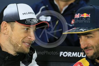World © Octane Photographic Ltd. F1 Canadian GP FIA Drivers’ Press Conference, Circuit Gilles Villeneuve, Montreal, Canada. Thursday 9th June 2016. McLaren Honda – Jenson Button and Red Bull Racing – Daniel Ricciardo. Digital Ref :1582LB1D8835