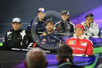 World © Octane Photographic Ltd. F1 Canadian GP FIA Drivers’ Press Conference, Circuit Gilles Villeneuve, Montreal, Canada. Thursday 9th June 2016. McLaren Honda – Jenson Button, Sauber F1 Team – Marcus Ericsson, Williams Martini Racing – Felipe Massa, Sahara Force India - Sergio Perez, Scuderia Ferrari – Kimi Raikkonen and Red Bull Racing – Daniel Ricciardo. Digital Ref :1582LB5D8929