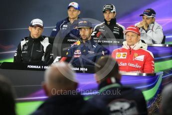 World © Octane Photographic Ltd. F1 Canadian GP FIA Drivers’ Press Conference, Circuit Gilles Villeneuve, Montreal, Canada. Thursday 9th June 2016. McLaren Honda – Jenson Button, Sauber F1 Team – Marcus Ericsson, Williams Martini Racing – Felipe Massa, Sahara Force India - Sergio Perez, Scuderia Ferrari – Kimi Raikkonen and Red Bull Racing – Daniel Ricciardo. Digital Ref :1582LB5D8939