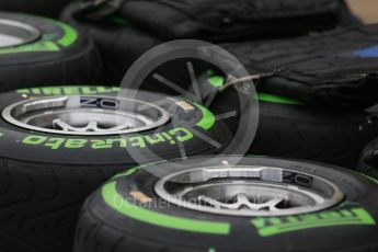 World © Octane Photographic Ltd. Pirelli green intermediate tyres. Thursday 9th June 2016, F1 Canadian GP Pitlane, Circuit Gilles Villeneuve, Montreal, Canada. Digital Ref :1581LB1D9112