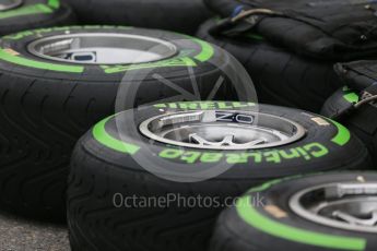 World © Octane Photographic Ltd. Pirelli green intermediate tyres. Thursday 9th June 2016, F1 Canadian GP Pitlane, Circuit Gilles Villeneuve, Montreal, Canada. Digital Ref :1581LB1D9116
