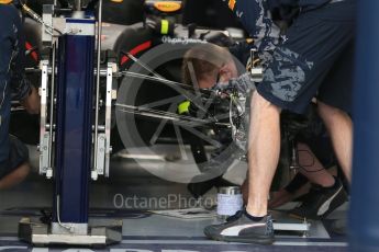 World © Octane Photographic Ltd. Red Bull Racing RB12 front suspension and front brakes – Max Verstappen. Thursday 9th June 2016, F1 Canadian GP Pitlane, Circuit Gilles Villeneuve, Montreal, Canada. Digital Ref :1581LB1D9121