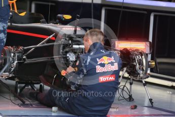 World © Octane Photographic Ltd. Red Bull Racing RB12 being assembled – Max Verstappen. Thursday 9th June 2016, F1 Canadian GP Pitlane, Circuit Gilles Villeneuve, Montreal, Canada. Digital Ref :1581LB1D9125