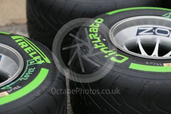 World © Octane Photographic Ltd. Pirelli green intermediate tyres. Thursday 9th June 2016, F1 Canadian GP Pitlane, Circuit Gilles Villeneuve, Montreal, Canada. Digital Ref :1581LB1D9129