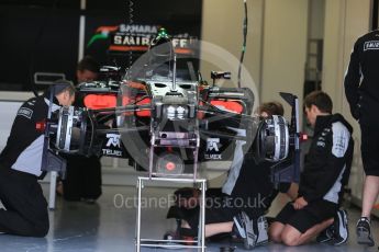 World © Octane Photographic Ltd. Sahara Force India VJM09 front suspension and front brakes. Thursday 9th June 2016, F1 Canadian GP Pitlane, Circuit Gilles Villeneuve, Montreal, Canada. Digital Ref :1581LB1D9134
