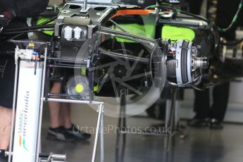 World © Octane Photographic Ltd. Sahara Force India VJM09 front suspension and front brakes. Thursday 9th June 2016, F1 Canadian GP Pitlane, Circuit Gilles Villeneuve, Montreal, Canada. Digital Ref :1581LB1D9142