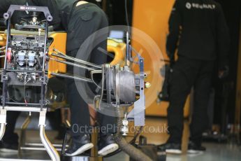 World © Octane Photographic Ltd. Renault Sport F1 Team RS16 front suspension and front brakes. Thursday 9th June 2016, F1 Canadian GP Pitlane, Circuit Gilles Villeneuve, Montreal, Canada. Digital Ref :1581LB1D9171