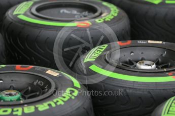 World © Octane Photographic Ltd. Pirelli green intermediate tyres. Thursday 9th June 2016, F1 Canadian GP Pitlane, Circuit Gilles Villeneuve, Montreal, Canada. Digital Ref :1581LB1D9214