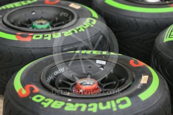 World © Octane Photographic Ltd. Pirelli green intermediate tyres. Thursday 9th June 2016, F1 Canadian GP Pitlane, Circuit Gilles Villeneuve, Montreal, Canada. Digital Ref :1581LB1D9222
