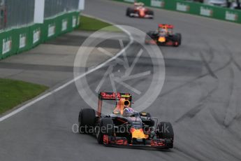 World © Octane Photographic Ltd. Red Bull Racing RB12 – Max Verstappen and Daniel Ricciardo ahead of Scuderia Ferrari SF16-H – Kimi Raikkonen. Sunday 12th June 2016, F1 Canadian GP Race, Circuit Gilles Villeneuve, Montreal, Canada. Digital Ref :