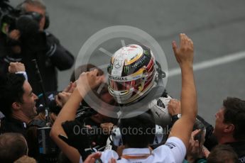 World © Octane Photographic Ltd. Mercedes AMG Petronas – Lewis Hamilton (1st). Sunday 12th June 2016, F1 Canadian GP Parc Ferme, Circuit Gilles Villeneuve, Montreal, Canada. Digital Ref :1593LB1D4163