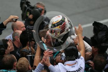 World © Octane Photographic Ltd. Mercedes AMG Petronas – Lewis Hamilton (1st). Sunday 12th June 2016, F1 Canadian GP Parc Ferme, Circuit Gilles Villeneuve, Montreal, Canada. Digital Ref :1593LB1D4169