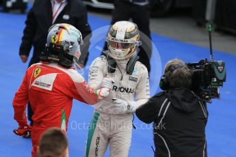 World © Octane Photographic Ltd. Mercedes AMG Petronas – Lewis Hamilton (1st) and Scuderia Ferrari – Sebastian Vettel (2nd). Sunday 12th June 2016, F1 Canadian GP Parc Ferme, Circuit Gilles Villeneuve, Montreal, Canada. Digital Ref :1593LB1D4227