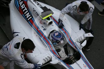 World © Octane Photographic Ltd. Williams Martini Racing, – Valtteri Bottas (3rd) being pushed into Parc ferme. Sunday 12th June 2016, F1 Canadian GP Parc Ferme. Circuit Gilles Villeneuve, Montreal, Canada. Digital Ref :1593LB1D4266