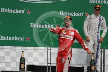 World © Octane Photographic Ltd. Scuderia Ferrari – Sebastian Vettel (2nd) and Williams Martini Racing, – Valtteri Bottas (3rd). Sunday 12th June 2016, F1 Canadian GP Podium, Circuit Gilles Villeneuve, Montreal, Canada. Digital Ref :1593LB1D4363